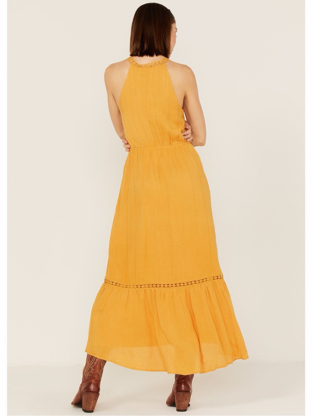 MOLLY BRACKEN MUSTARD YELLOW LACE TRIM MIDI DRESS - Picture 3 of 9